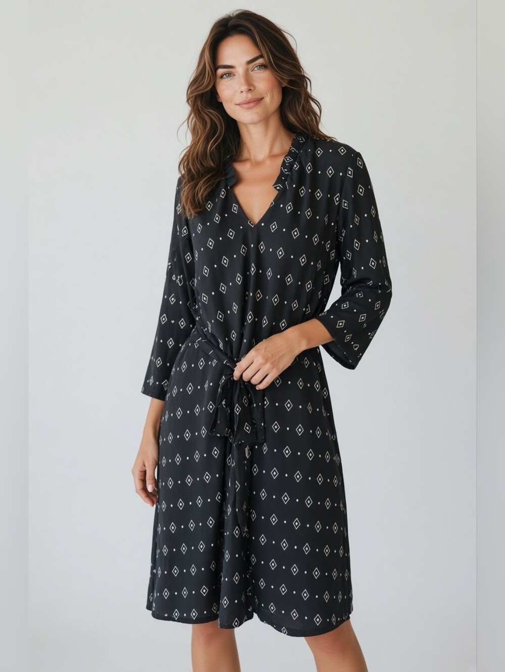A.B.S Black Diamond-Print Tie-Waist Long Sleeve Shift  Dress